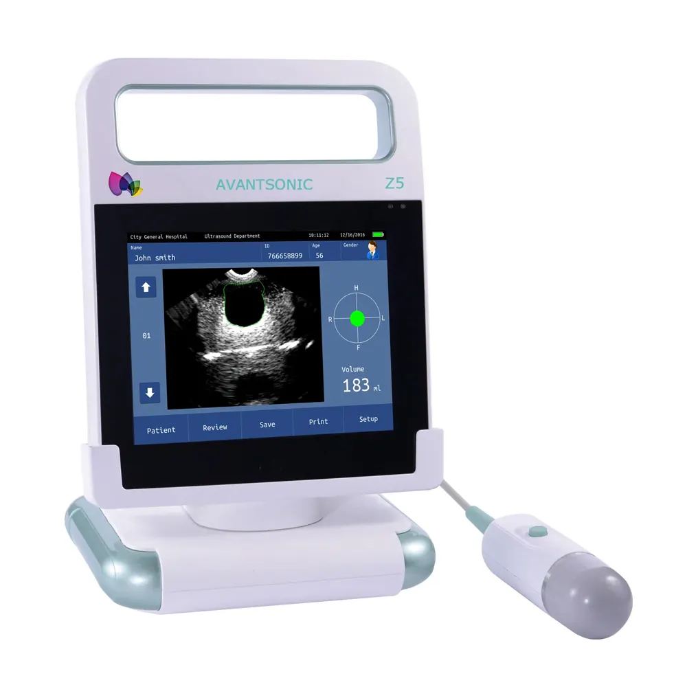 AvantSonic Z5 bladder scanner with probe showing bladder volume results
