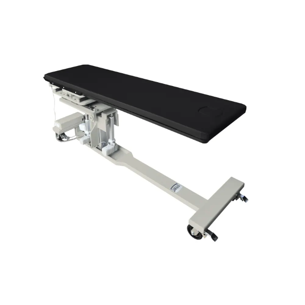 Radiolucent C-arm procedure table with black tabletop on a wheeled base