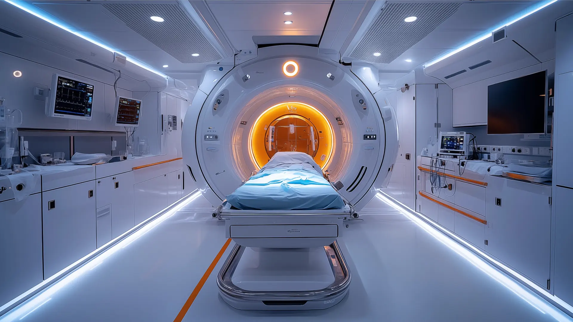 Mobile MRI scanner suite with patient table and diagnostic monitors