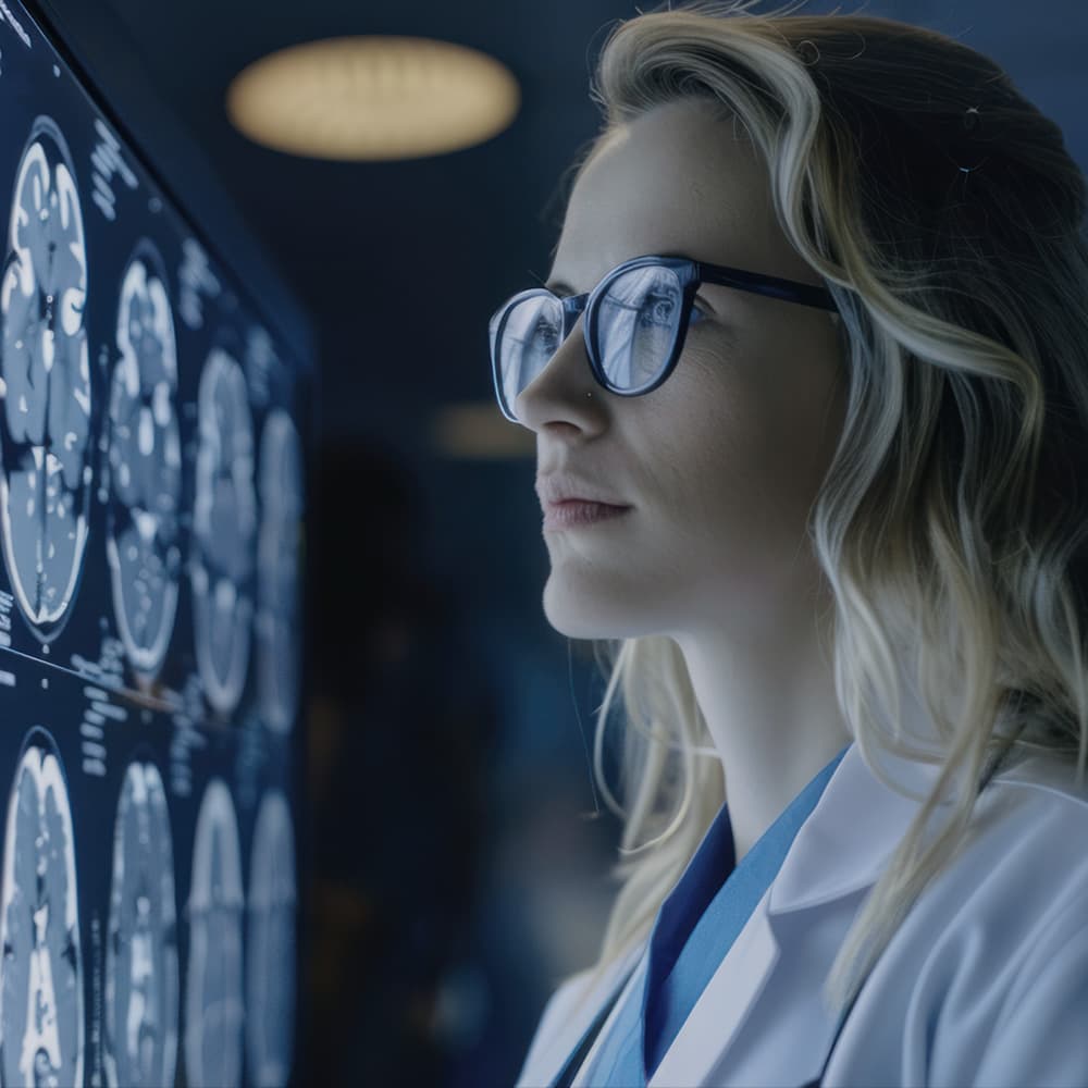 Clinician reviewing diagnostic brain imaging before making an equipment decision